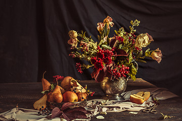 Image showing Still life with apples and autumn flowers