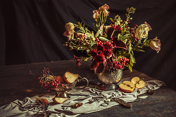 Image showing Still life with apples and autumn flowers