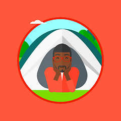 Image showing Man lying in camping tent vector illustration.