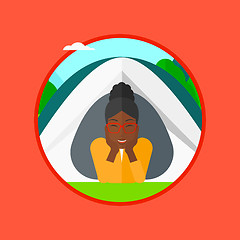 Image showing Woman lying in camping tent vector illustration.