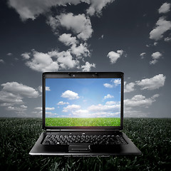 Image showing Laptop on green grass on a sunny day