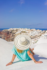 Image showing Young woman on holidays, Santorini Oia town 