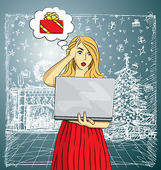 Image showing Vector woman buy Christmas gifts online