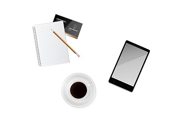 Image showing cup of coffee with paper, pencil and phone