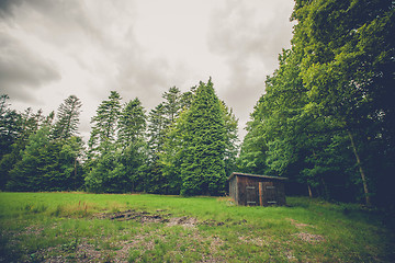 Image showing Small wooden shed on a field
