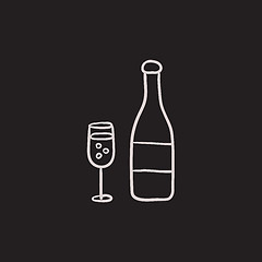 Image showing Bottle of champaign and glass sketch icon.