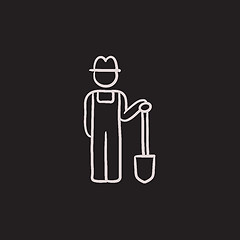 Image showing Farmer with shovel sketch icon.