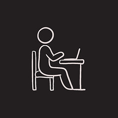 Image showing Businessman working on laptop sketch icon.