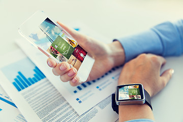 Image showing close up of hands with smart phone and watch