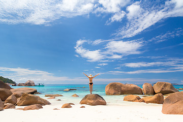 Image showing Woman enjoying Anse Lazio picture perfect beach on Praslin Island, Seychelles.