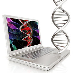 Image showing Laptop with dna medical model background on laptop screen. 3d il