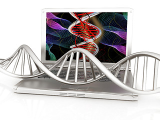 Image showing Laptop with dna medical model background on laptop screen. 3d il