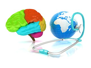 Image showing stethoscope, globe, brain - global medical concept. 3d illustrat