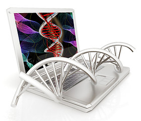 Image showing Laptop with dna medical model background on laptop screen. 3d il