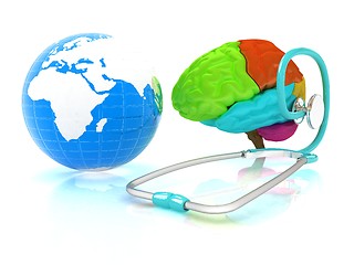 Image showing stethoscope, globe, brain - global medical concept. 3d illustrat