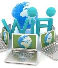 Image showing Global concept of  WiFi connectivity between laptops. 3d render