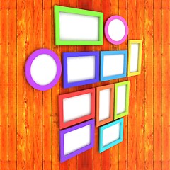 Image showing Mock up picture frames on wood wall. 3d illustration