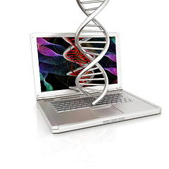 Image showing Laptop with dna medical model background on laptop screen. 3d il