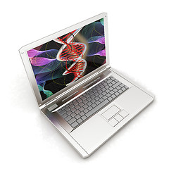 Image showing Laptop with dna medical model background on laptop screen. 3d il