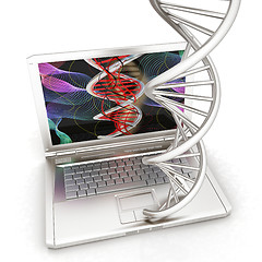 Image showing Laptop with dna medical model background on laptop screen. 3d il