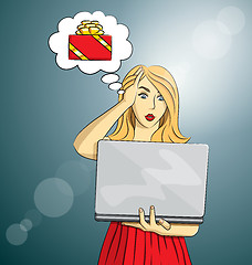 Image showing Vector woman buy Christmas gifts online