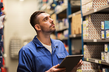 Image showing auto mechanic or smith with tablet pc at workshop