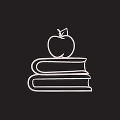 Image showing Books and apple on top sketch icon.