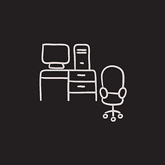 Image showing Computer set with table and chair sketch icon.