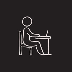 Image showing Businessman working on laptop sketch icon.