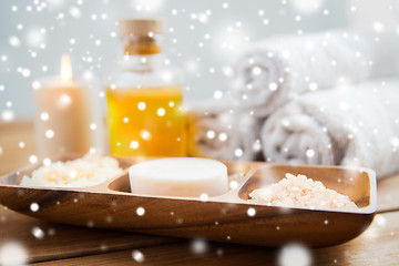 Image showing close up of soap, himalayan salt and scrub in bowl