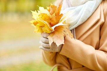 Image showing close up of woman with maple leaves in autumn park