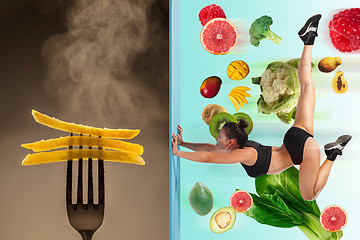 Image showing The collage of young beautiful woman with healthy and harmful meal