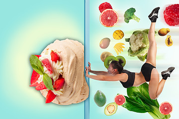 Image showing The collage of young beautiful woman with healthy and harmful meal