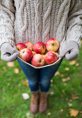 Image showing woman with apples at autumn garden