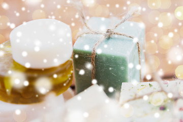 Image showing close up of handmade soap bars on wood