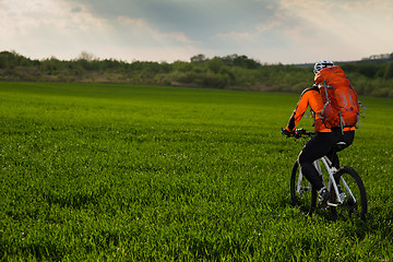 Image showing Young man is riding bicycle outside. Healthy Lifestyle.