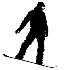 Image showing Black silhouettes  snowboarders on white background. 