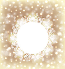 Image showing Christmas round frame made in snowflakes on elegant glowing back