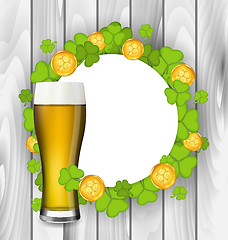 Image showing Celebration card with glass of light beer, shamrocks and golden 