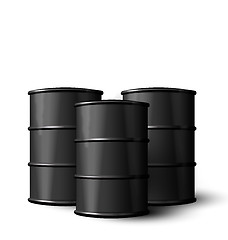 Image showing Three Realistic Black Metal of Oil Barrels Isolated 