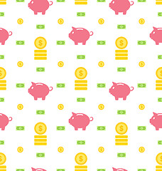 Image showing Seamless Pattern with Moneybox, Bank Notes, Coins, Flat Finance Icons