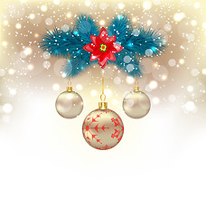 Image showing Christmas gliwing background with fir branches, glass balls and 