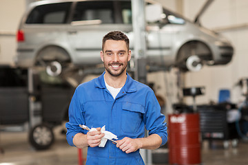 Image showing auto mechanic or smith with wrench at car workshop