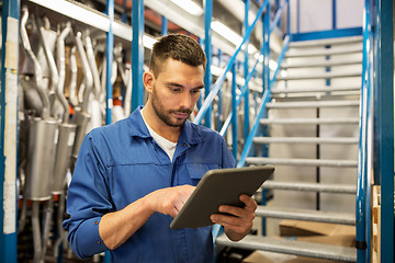 Image showing auto mechanic or smith with tablet pc at workshop