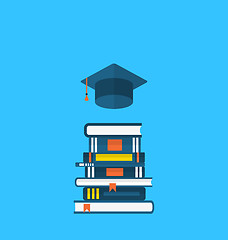 Image showing Flat icons of graduation cap and  heap textbooks