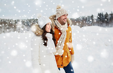 Image showing happy couple walking over winter background