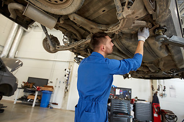 Image showing mechanic man or smith repairing car at workshop