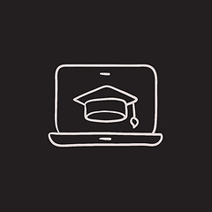 Image showing Laptop with graduation cap on screen sketch icon.