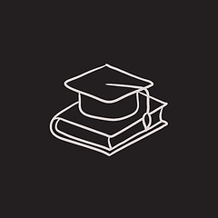 Image showing Graduation cap laying on book sketch icon.