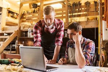 Image showing carpenters with laptop and blueprint at workshop